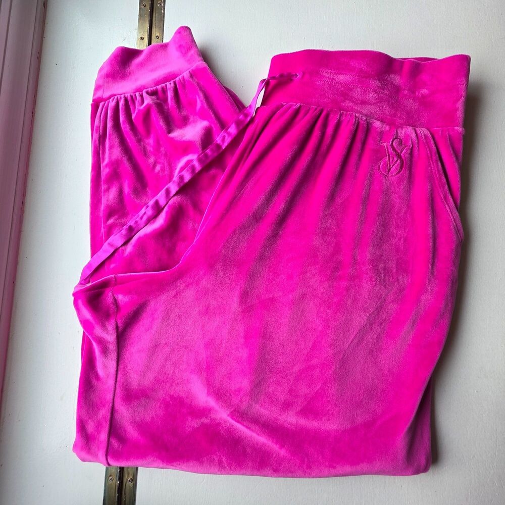 Victorias Secret Velour Joggers Tracksuit Hot Pink Wide Tapered  Size XL Women's
